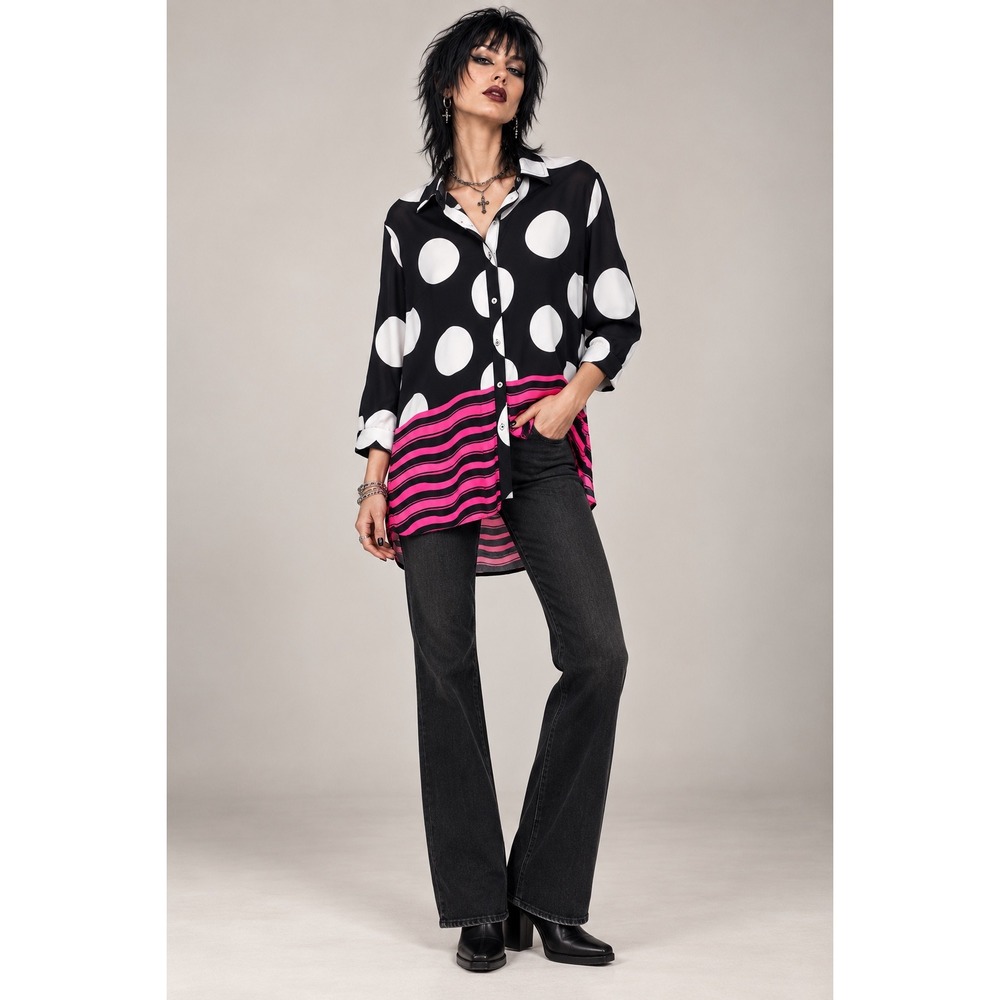 Nygard M Polka Dot Tunic Top Black White Pink Stripe Long Sleeve